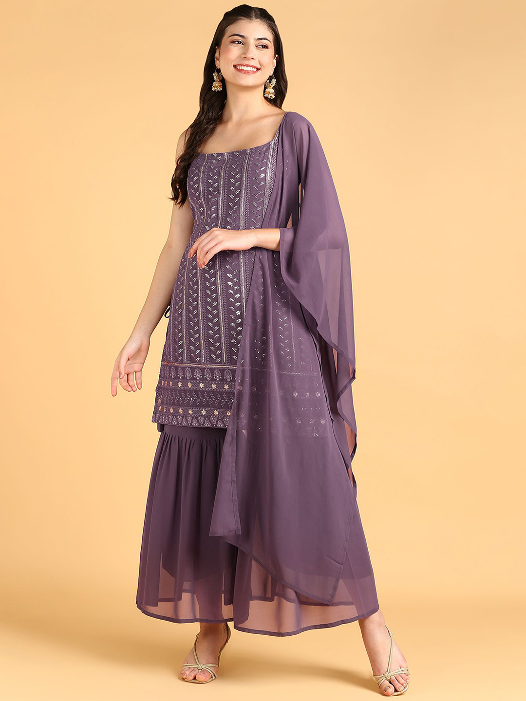 DISHWA FASHION Women Ethnic Motifs Embroidered Regular Sequinned Silk Georgette Kurta with Sharara & With