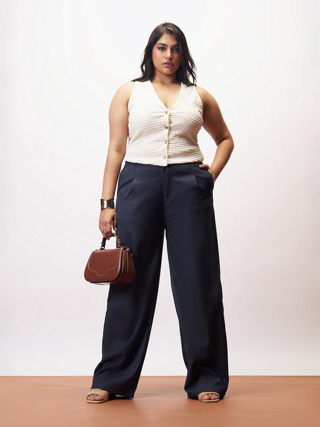 FREAKINS Women Sleek Navy Curve Straight Pinstripe Pants