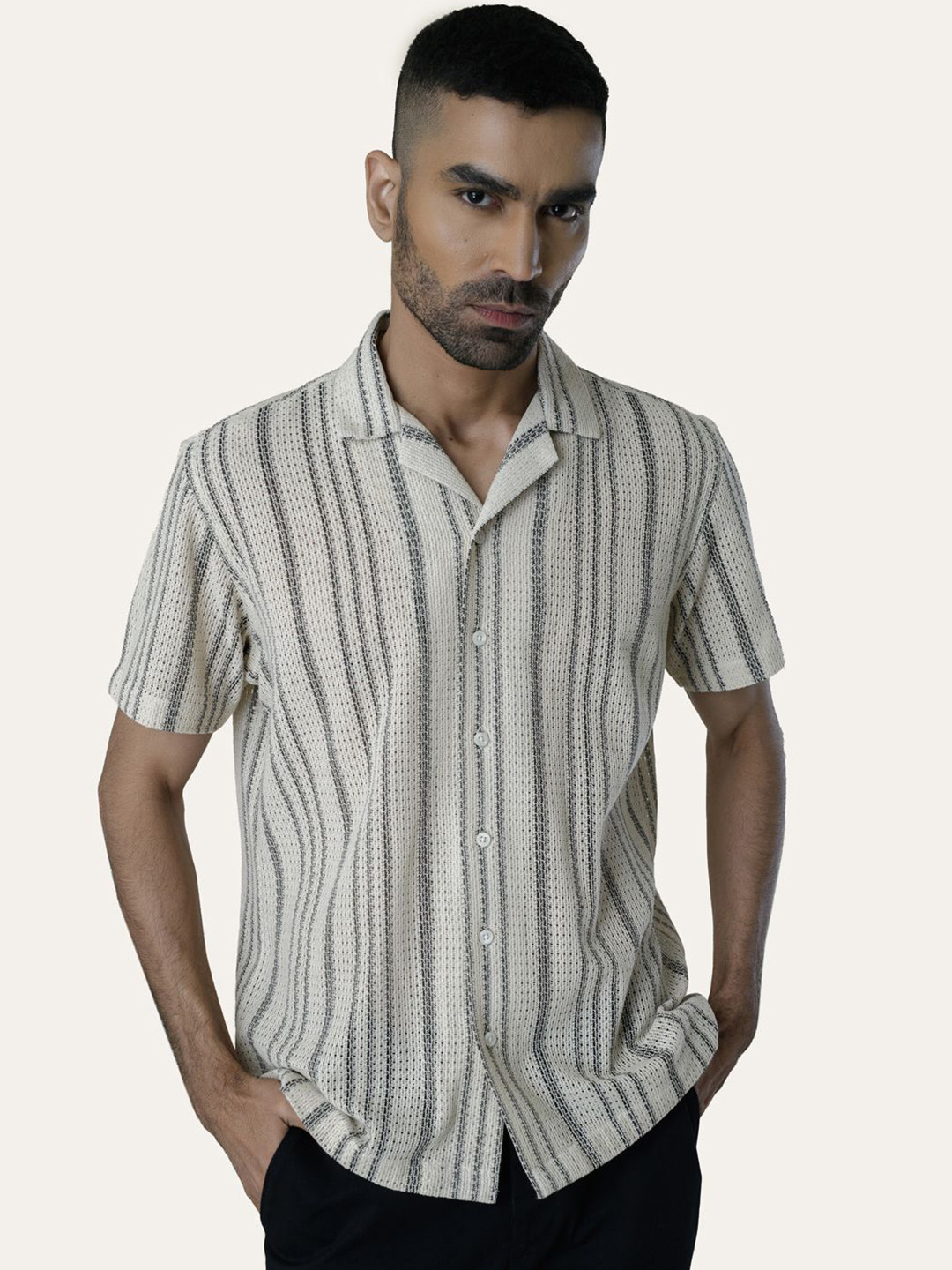 PERCH Men Black Texture Printed Crochet Shirt