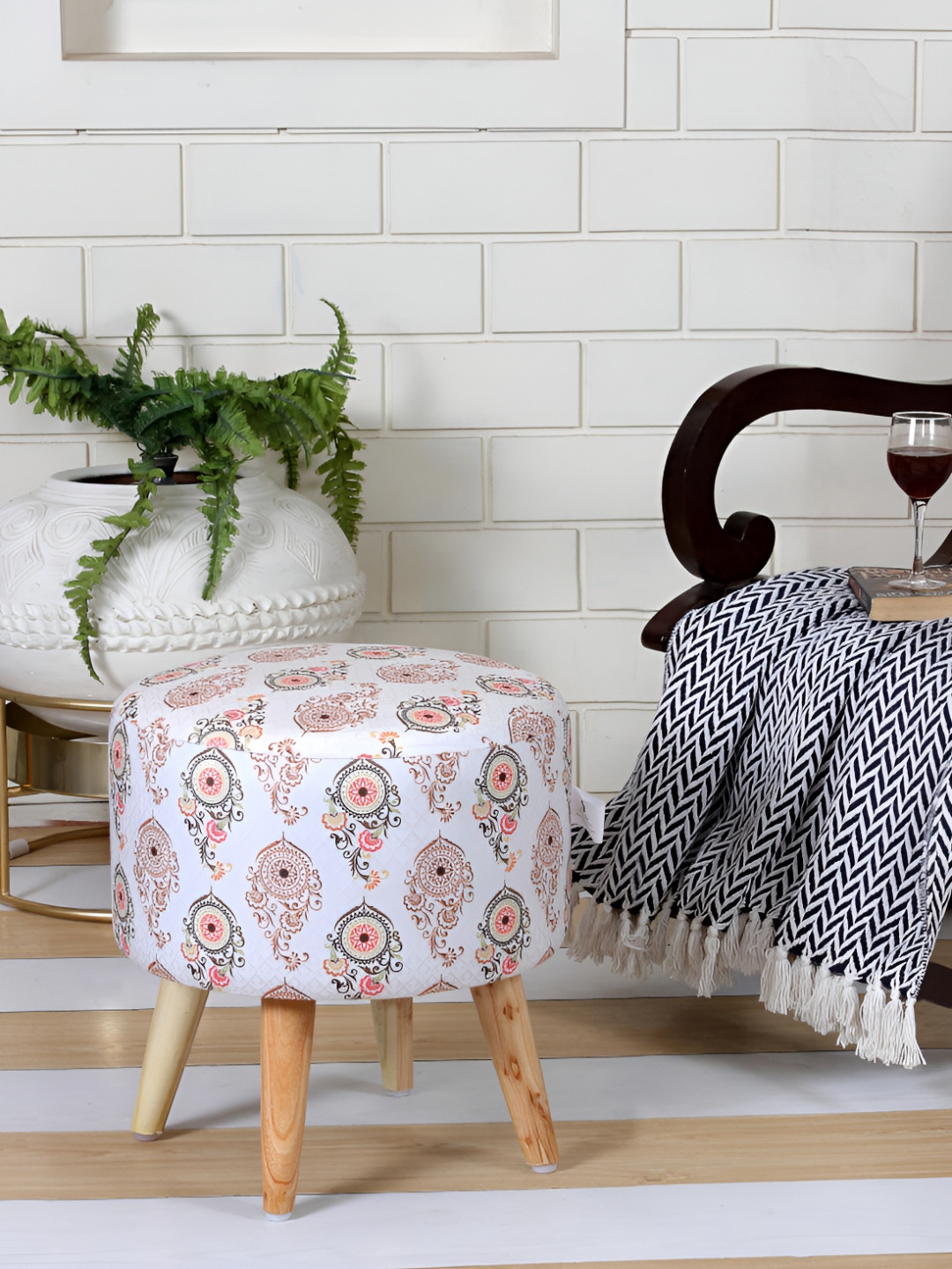 Shadowkart White Wooden Mudda Pouffe Ottoman