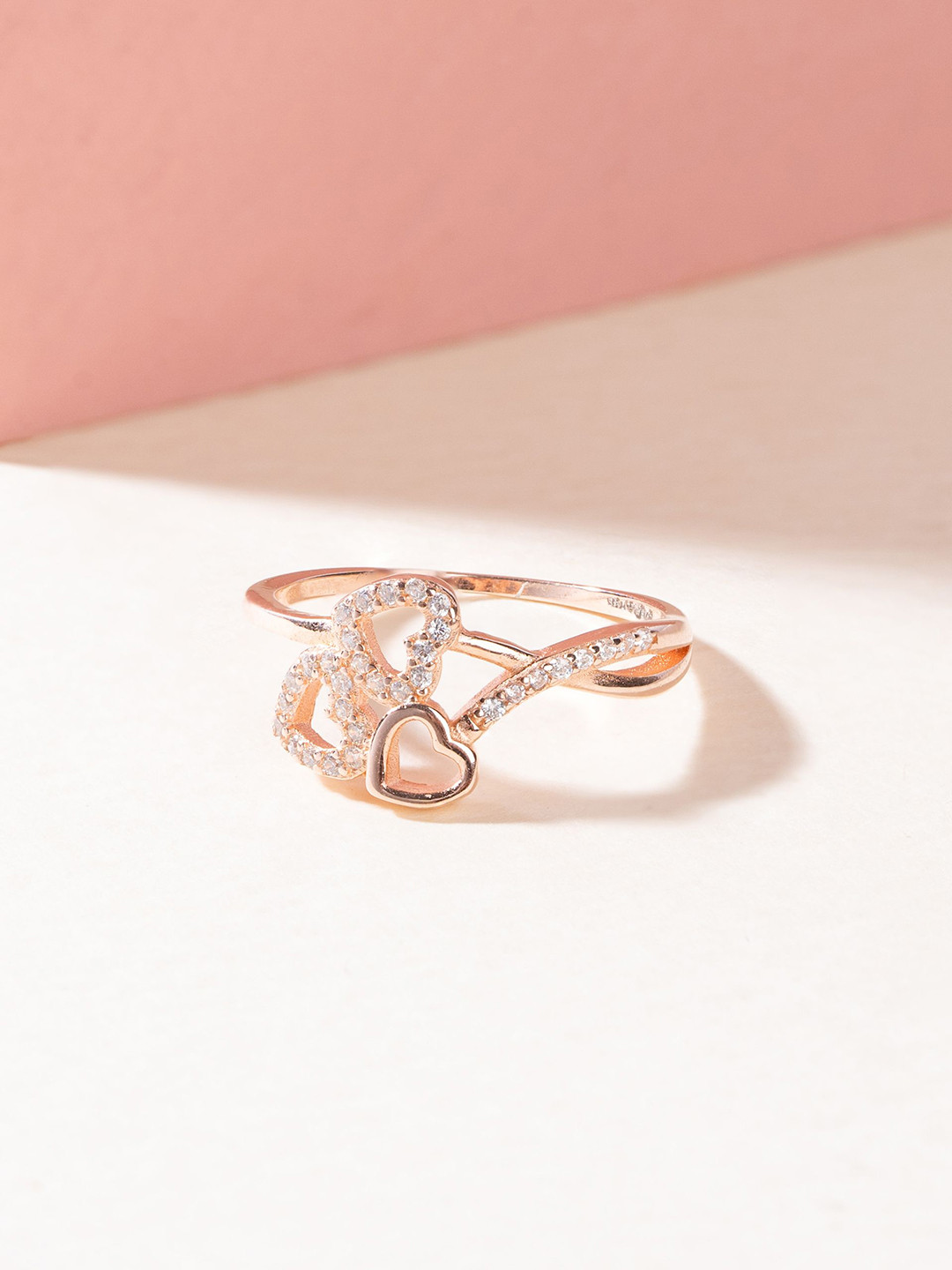 GLYTERS 925 Sterling Silver Rose Gold Plated Stone Studded Tree Of Heart Finger Ring