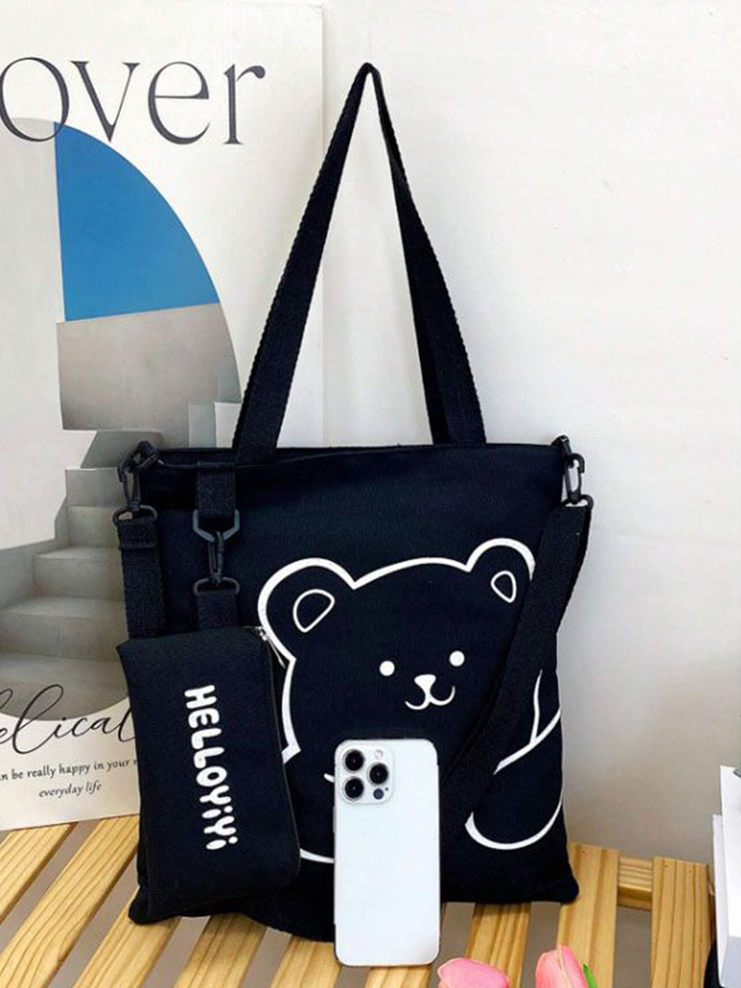 the sack co Graphic Printed Canvas Large Structured Tote Bag With Pouch