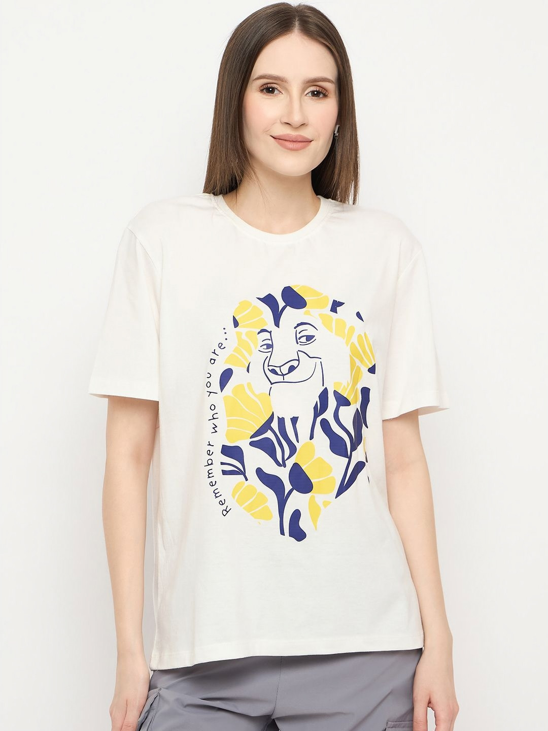 Wear Your Mind Women Lion King Printed Pure Cotton Raw Edge T-shirt