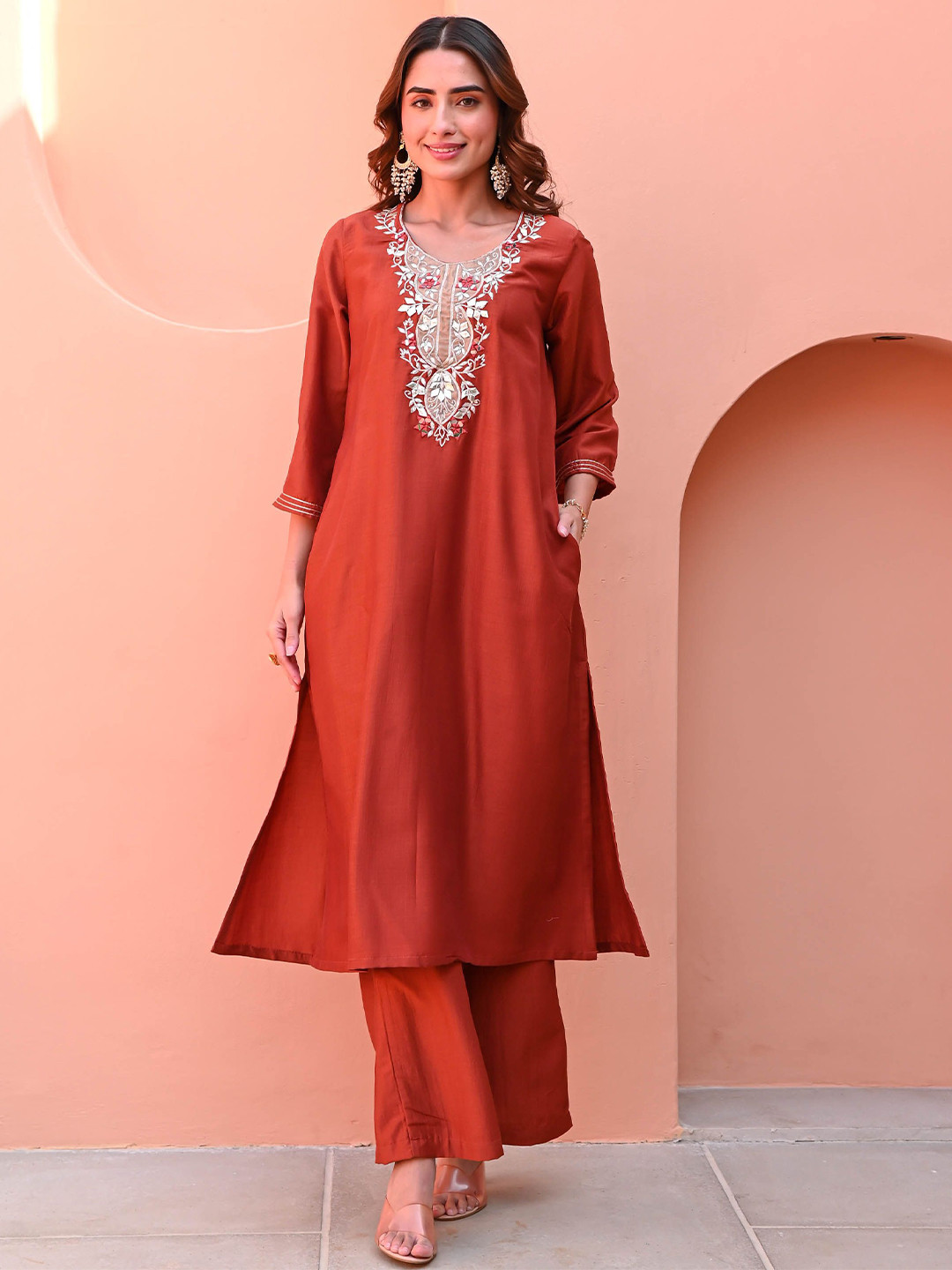 Bunaai Burnt Orange Silk Kurta Set