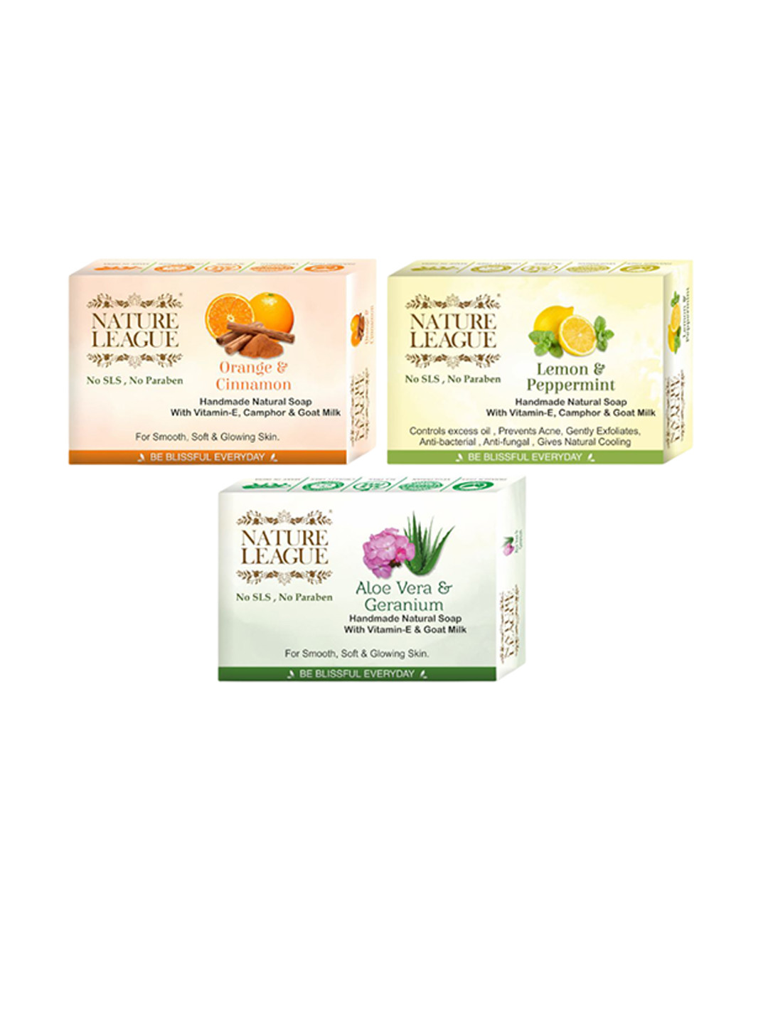 NATURE LEAGUE Set Of 3 Orange & Aloevera & Peppermint Skin Nourishing Soap - 100 g Each