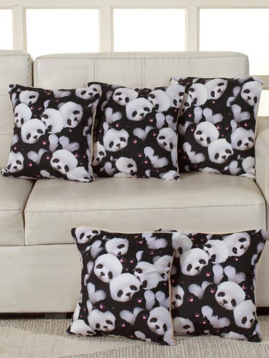 Shadowkart Black & White 2 Pieces Panda Printed Velvet Square Cushion Covers