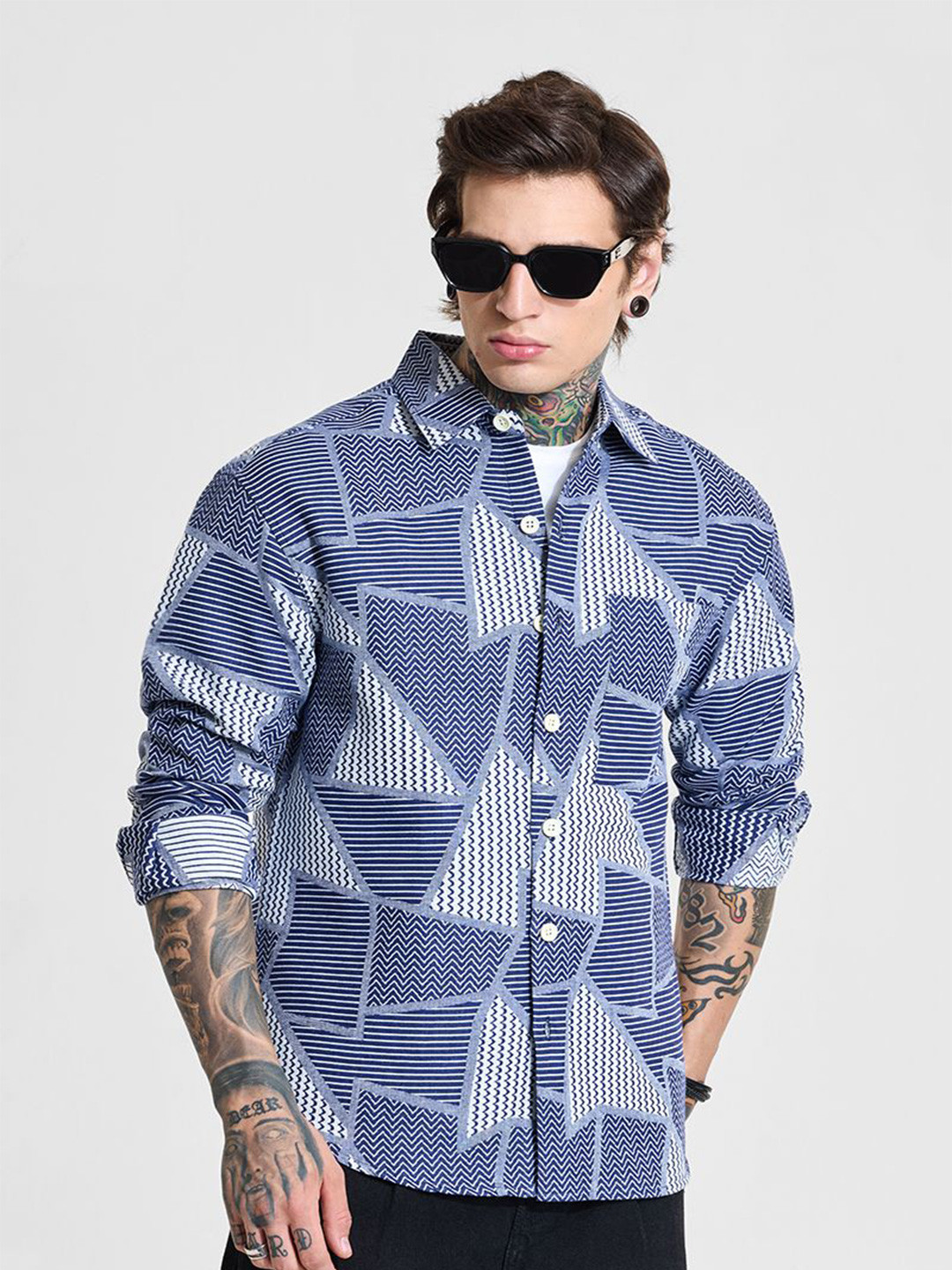 Snitch Men Printed Opaque Snitch Blue Geometric Overshirt