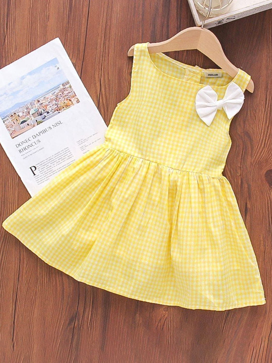 YK Girl's Checked Printed Fit & Flare Knee Length Dress With a Bow