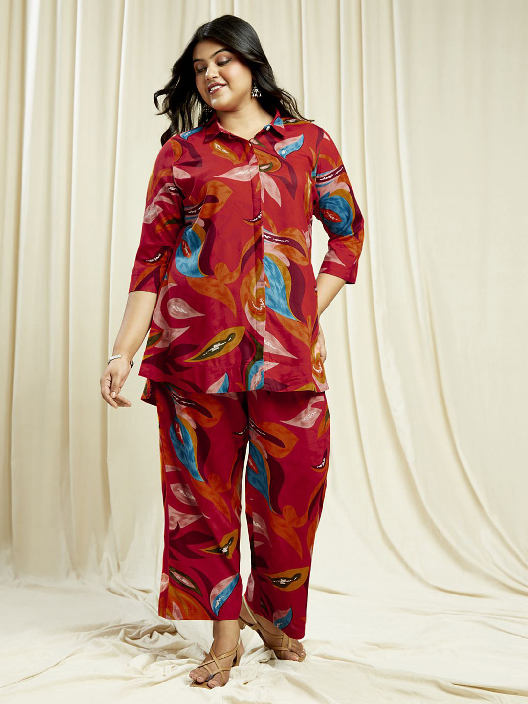 Globus Gloplus Abstract Print Shirt Style Tunic with Trousers Plus Size Fusion Co-Ord Set
