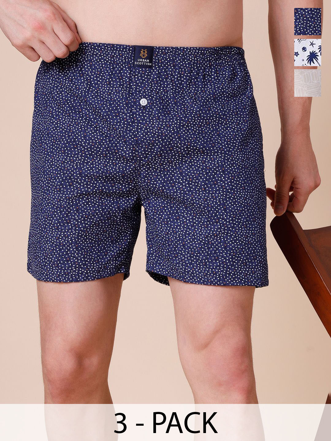 URBAN SCOTTISH Men Pack Of 3 Printed 100% Cotton Boxers USBX2478-S