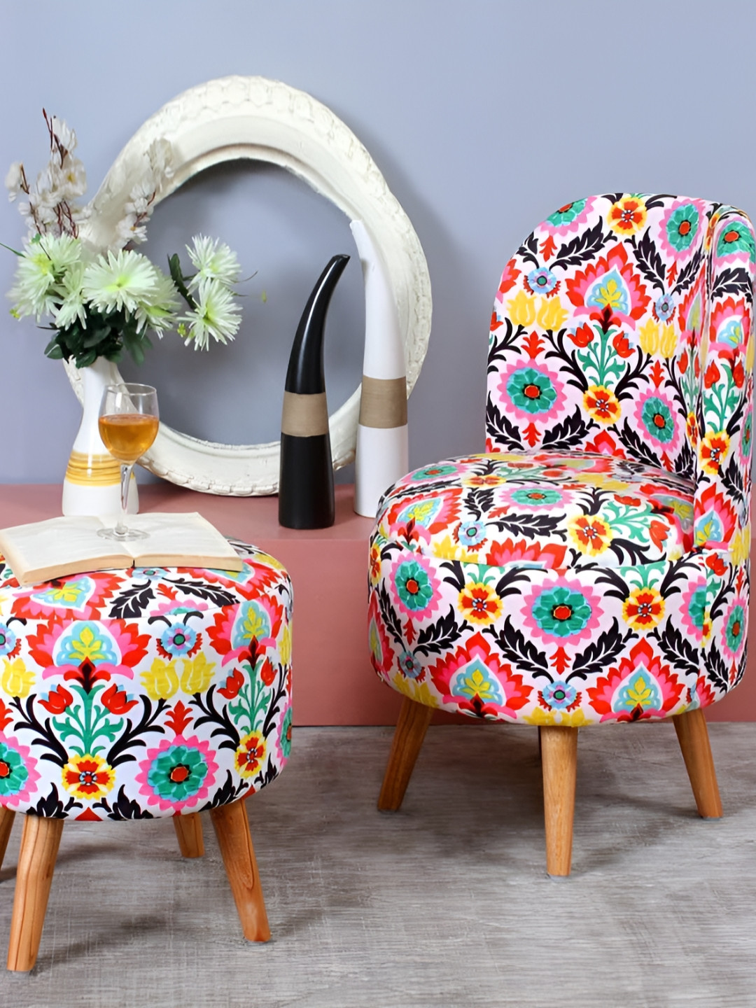 Shadowkart Pink & Yellow Wooden Mudda Pouffe Ottoman