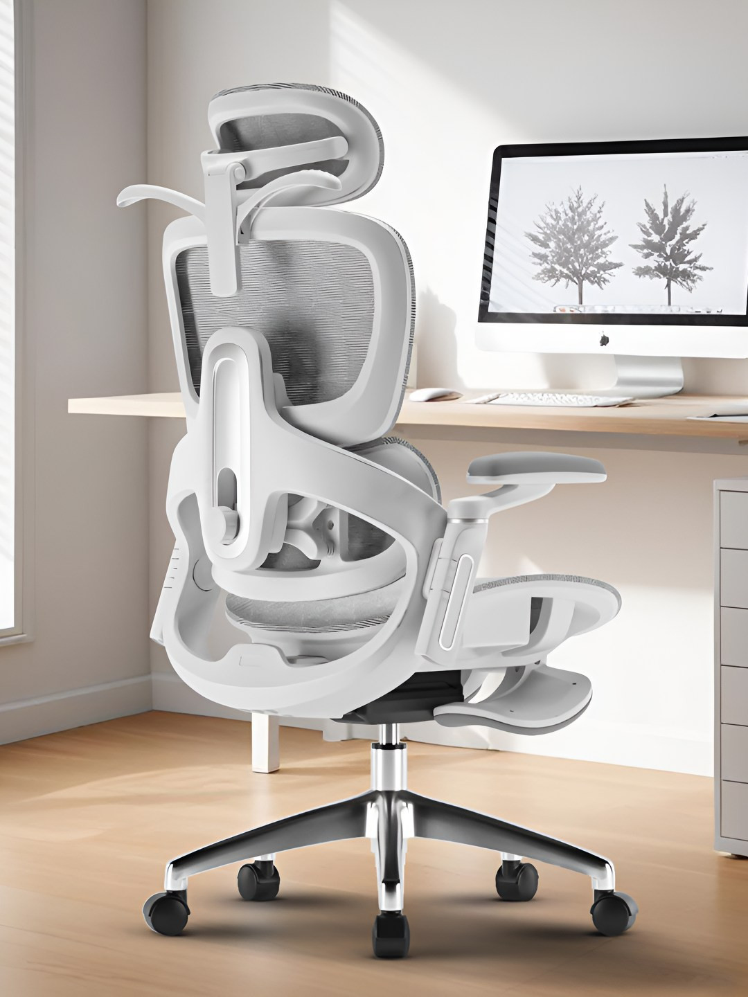 DROGO Grey & White Adjustable Seat 6D Armrest & 4D Headrest Office Chair