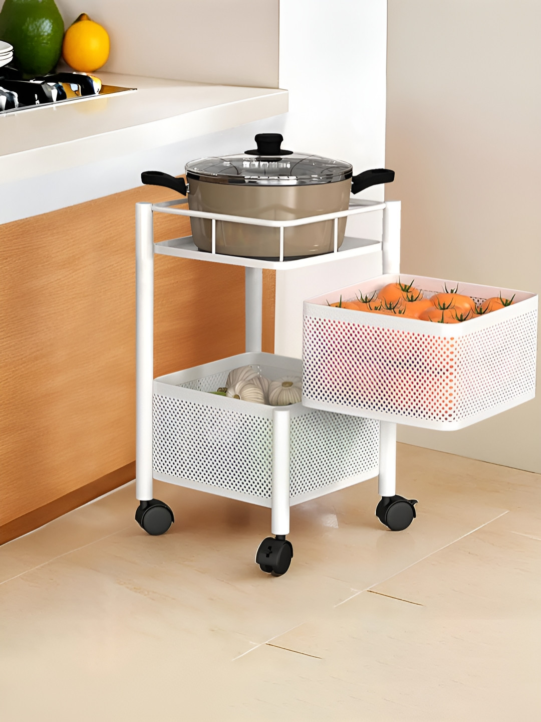 Aura White 2-Tier Square Multipurpose Organisers Storage Rack Kitchen Trolley with Wheels