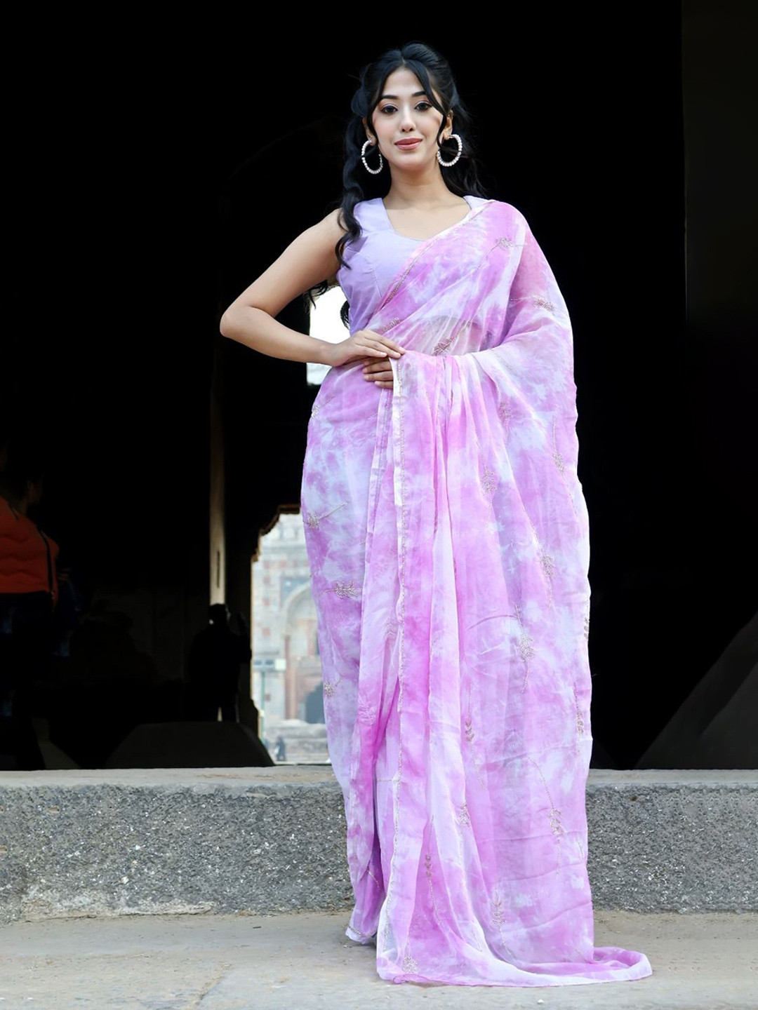 House of Chiffon Women Shibori Lavender Handwork Chiffon Saree