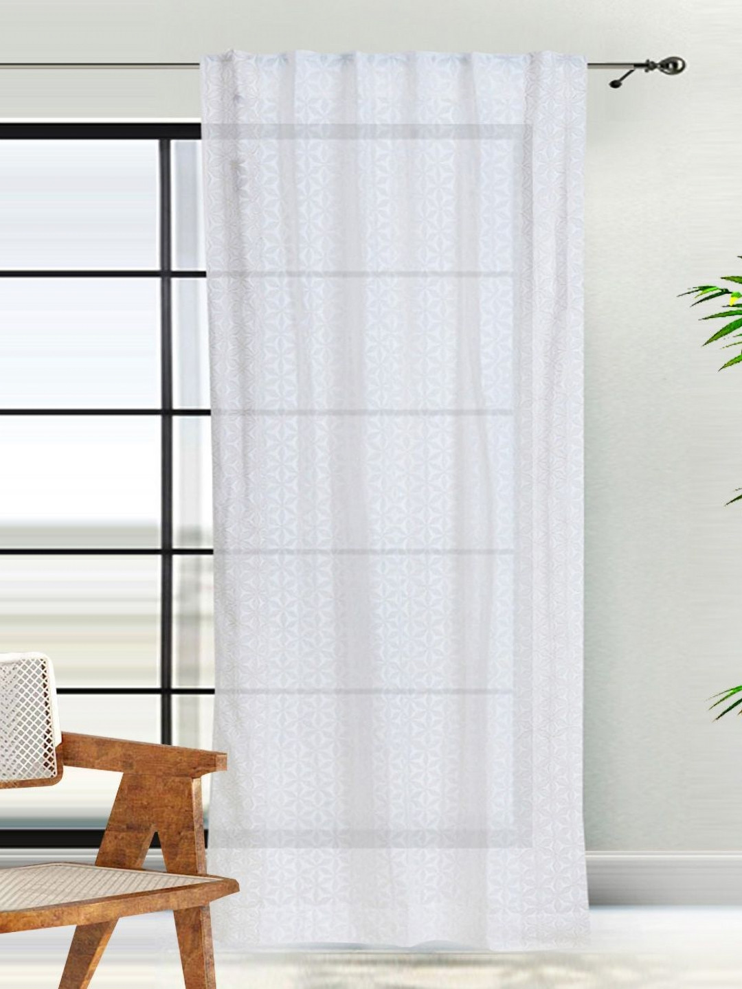 Fabindia White Floral Sheer Long Door Curtain