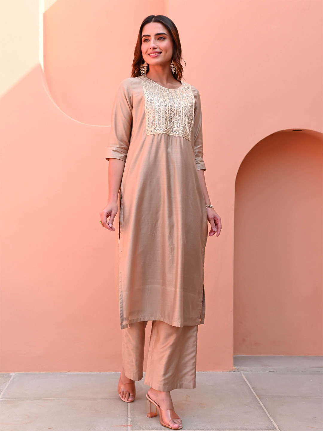 Bunaai Beige Silk Kurta Set