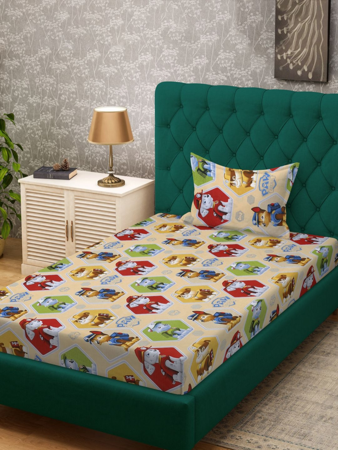 KLOTTHE Beige Cartoon Characters Pure Cotton 400 TC Single Superfine Bedsheet with a Pillow Cover-89 x 59 inches