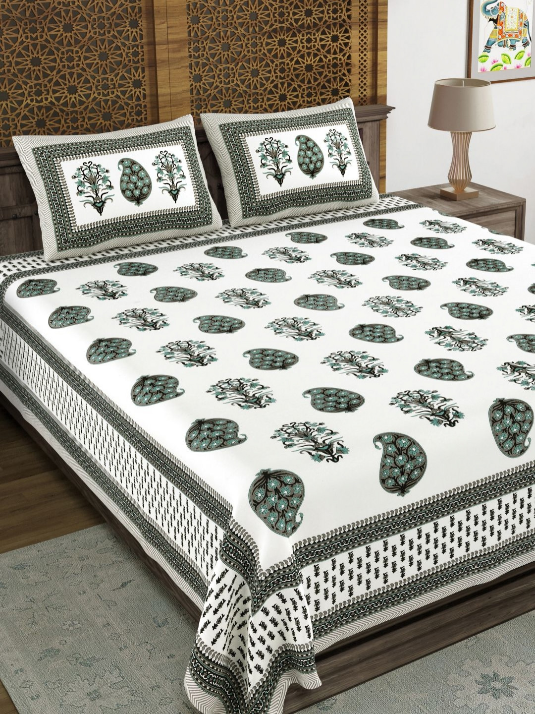 Myntra Elegant Homes Design 58 Green Ethnic Motifs Cotton 144 TC King Coarse Bedsheet with 2 Pillow Covers-264 x 218 cm