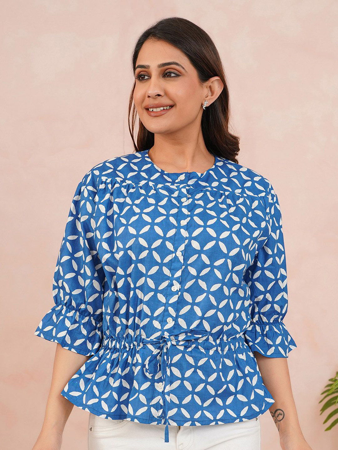 Label Blue Printed Round-Neck Cinched Waist Top