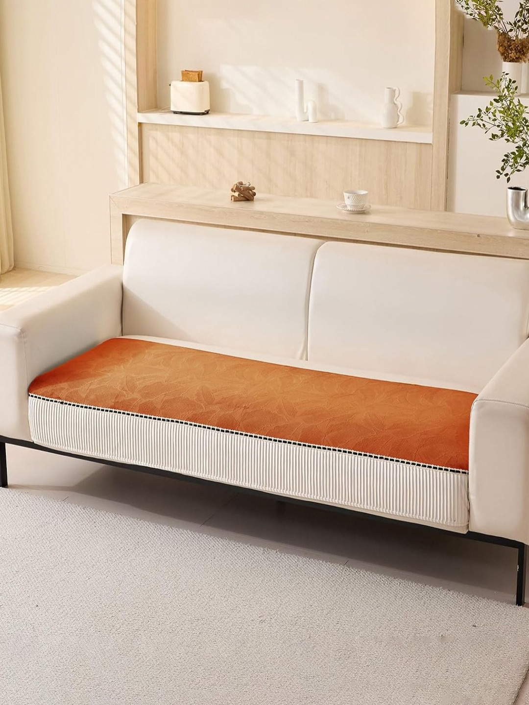 HOUSE OF QUIRK Four Seater Leaf Pattern Chenille Fabric Stretch Seat Sofa Mat