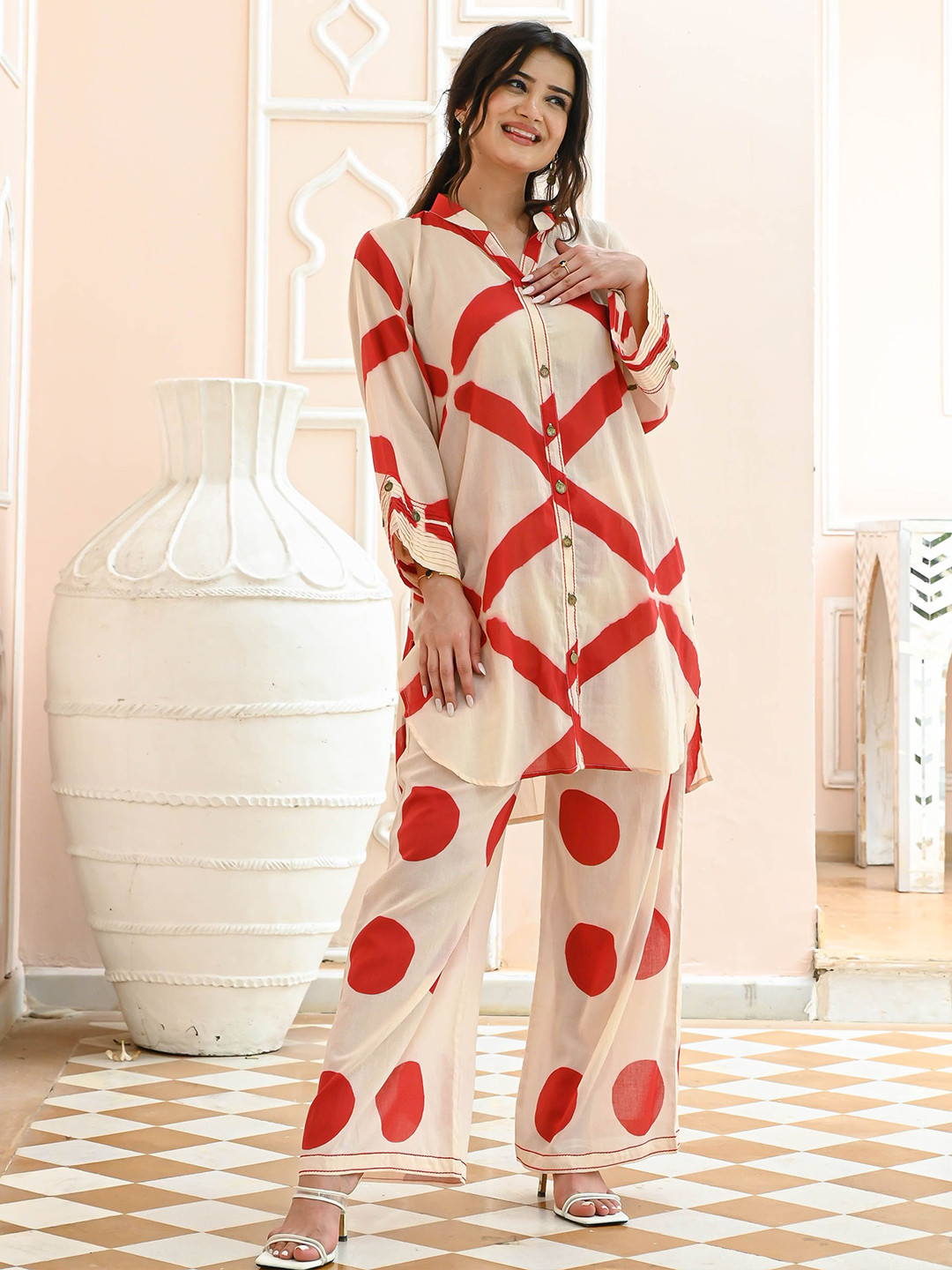 Bunaai Nirupa Clamp Geometric Printed Pure Cotton Tunic With Palazzos Co-Ords