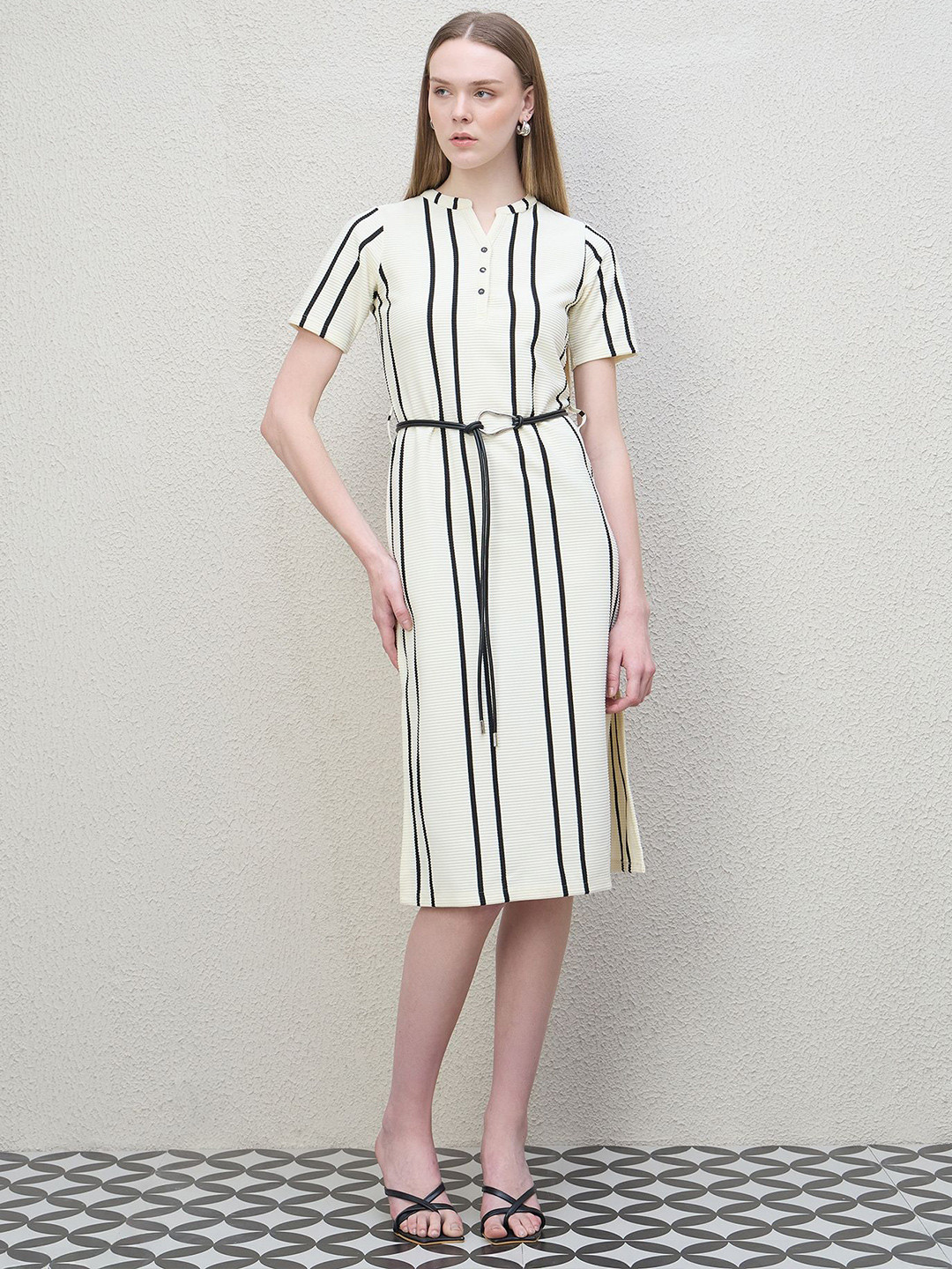 Iconic Women Striped Fit & Flare Stretchable Midi Dress With Belt