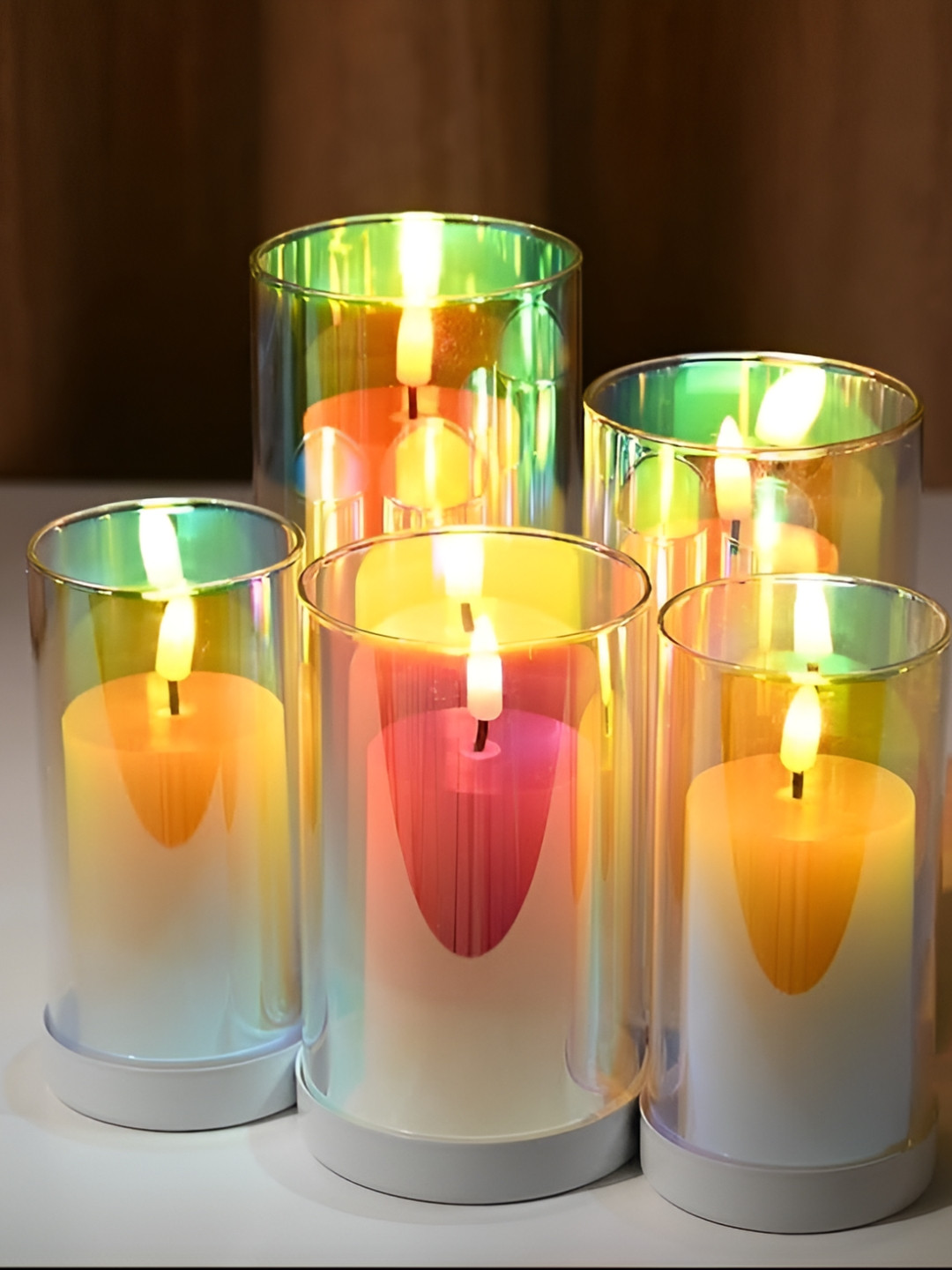 LTETTES Pillar LED Acrylic Glass-RAINBOW 5Pcs 1 Wick Solid Geometric Regular Jar Candles