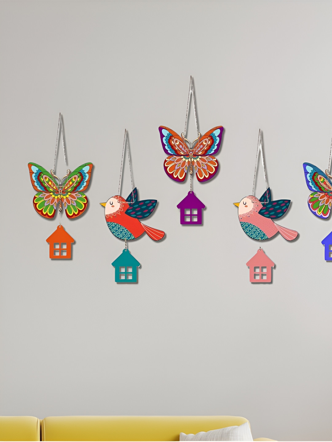 eCraftIndia Butterfly Birds Wood Matte Hanging Hall 5Pcs Wall Hangings-13In