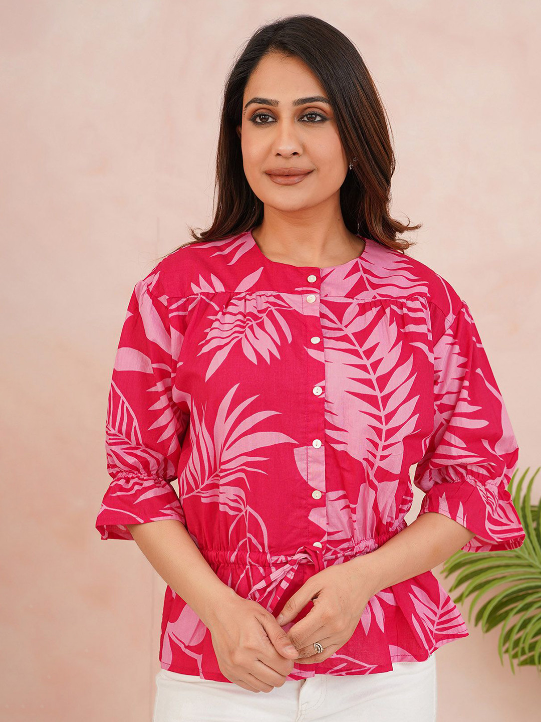 Label Women Tropical Print Cinched Waist Cotton Top