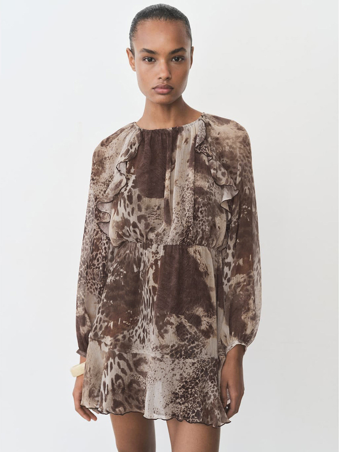 MANGO Leopard Print Ruffled Detail Raglan Sleeves Georgette Mini A-Line Dress