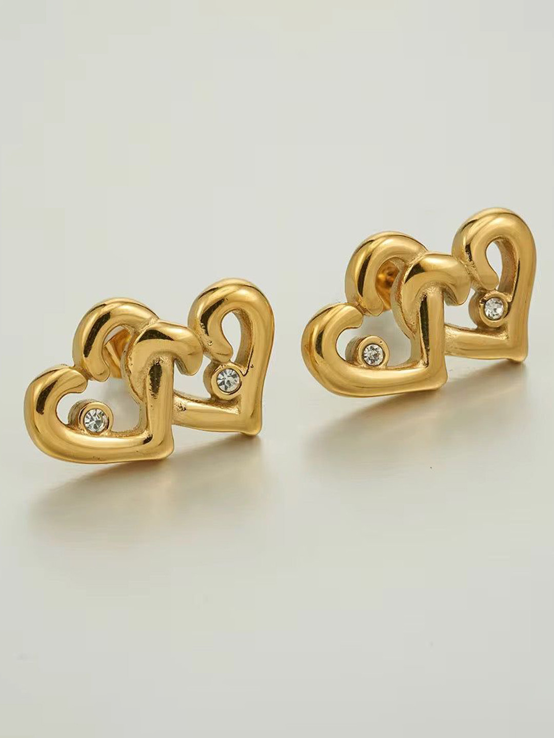 THEPANDASTOREE Stainless Steel 18KT Gold Plated Stone Studded Heart Shaped Studs