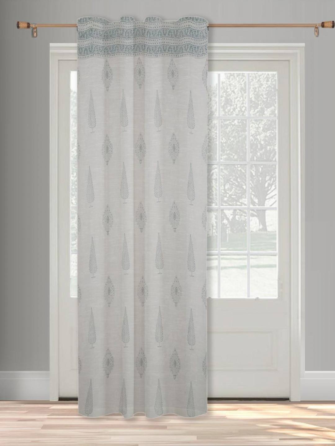Fabindia Teal & White Floral Sheer Window Curtain