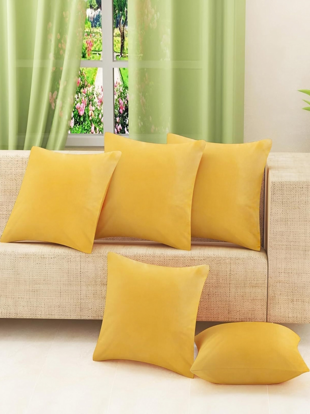 Shadowkart Yellow 5 Pieces Self Design Square Velvet Pillow Covers