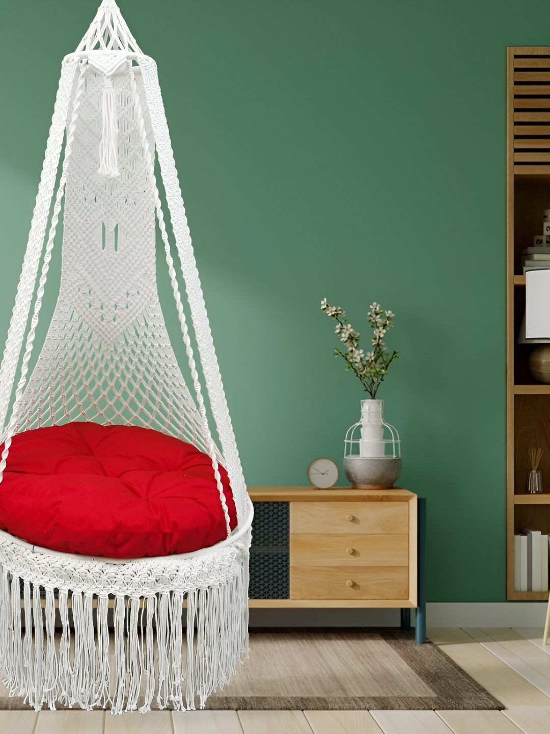 Patiofy White & Red Patiofy Macrame Swing Chair With Cushion