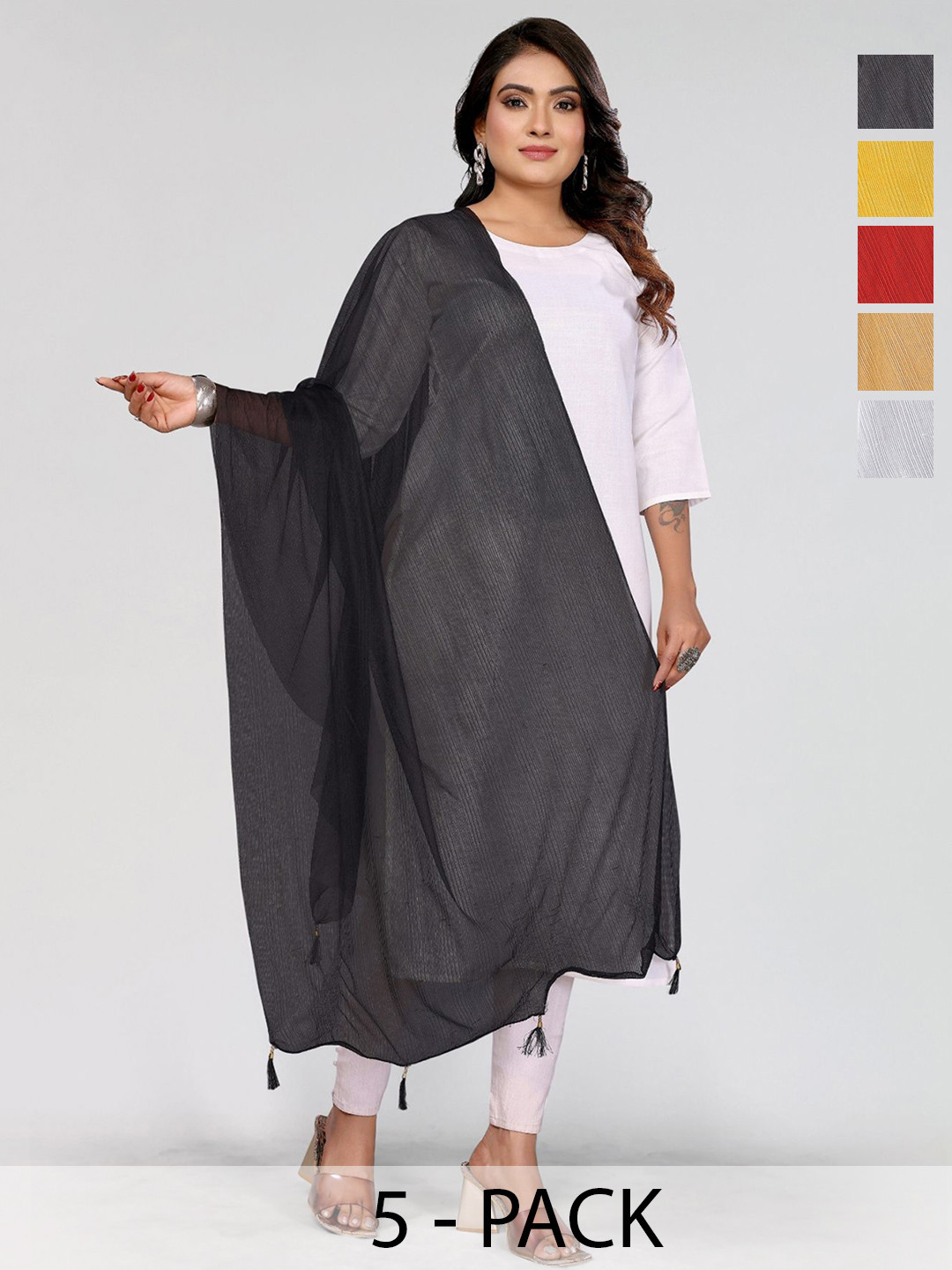 Moda Rapido Selection Of 5 Lycra Tasselled Border Dupatta