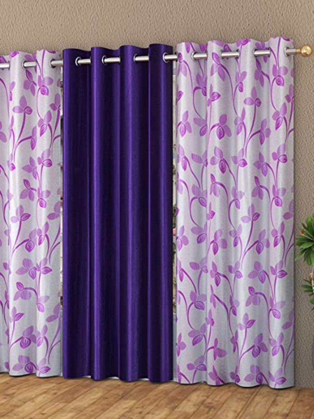 Galaxy Home Decor Purple Set of 3 Floral Long Door Curtain