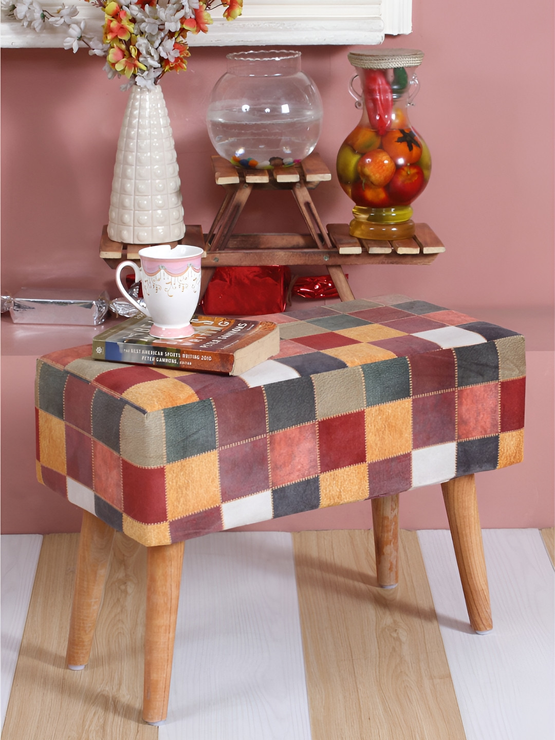 Shadowkart Brown & Green Printed Wooden Rectangle Shaped Ottomans