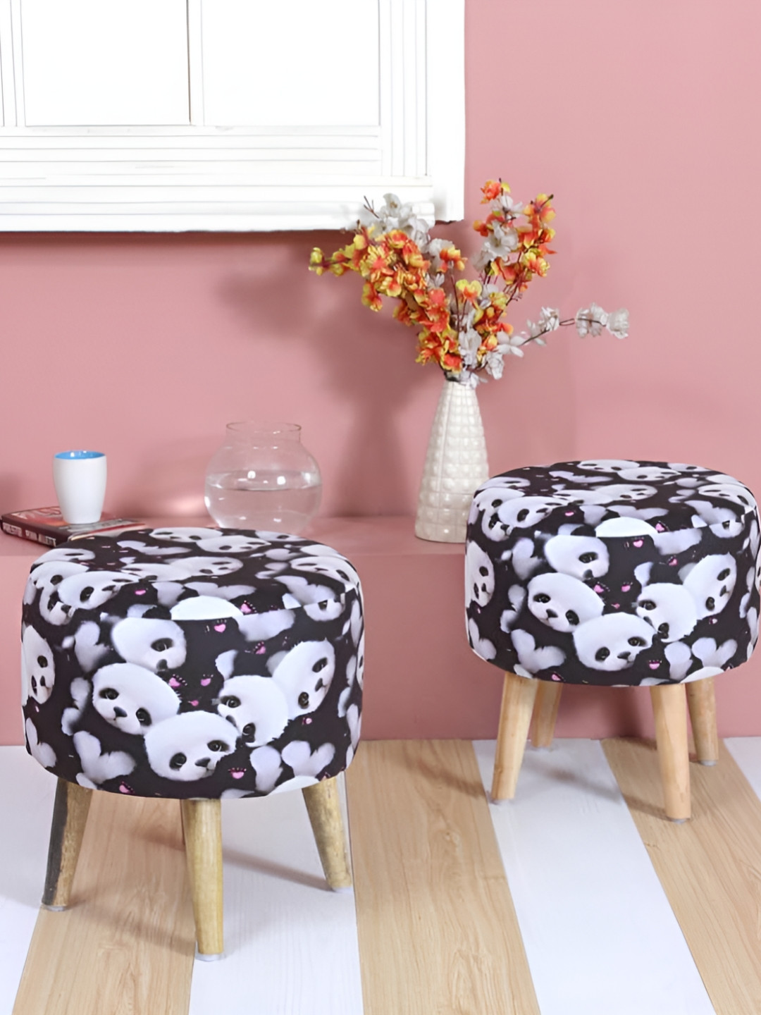 Shadowkart Set Of 2 Graphic Printed Wooden Round Shaped Ottomans