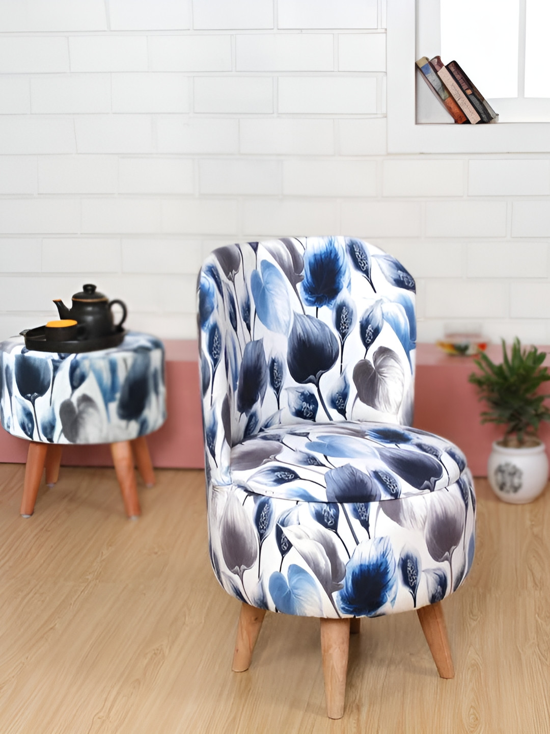 Shadowkart White & Blue Wooden Pouffe Ottoman