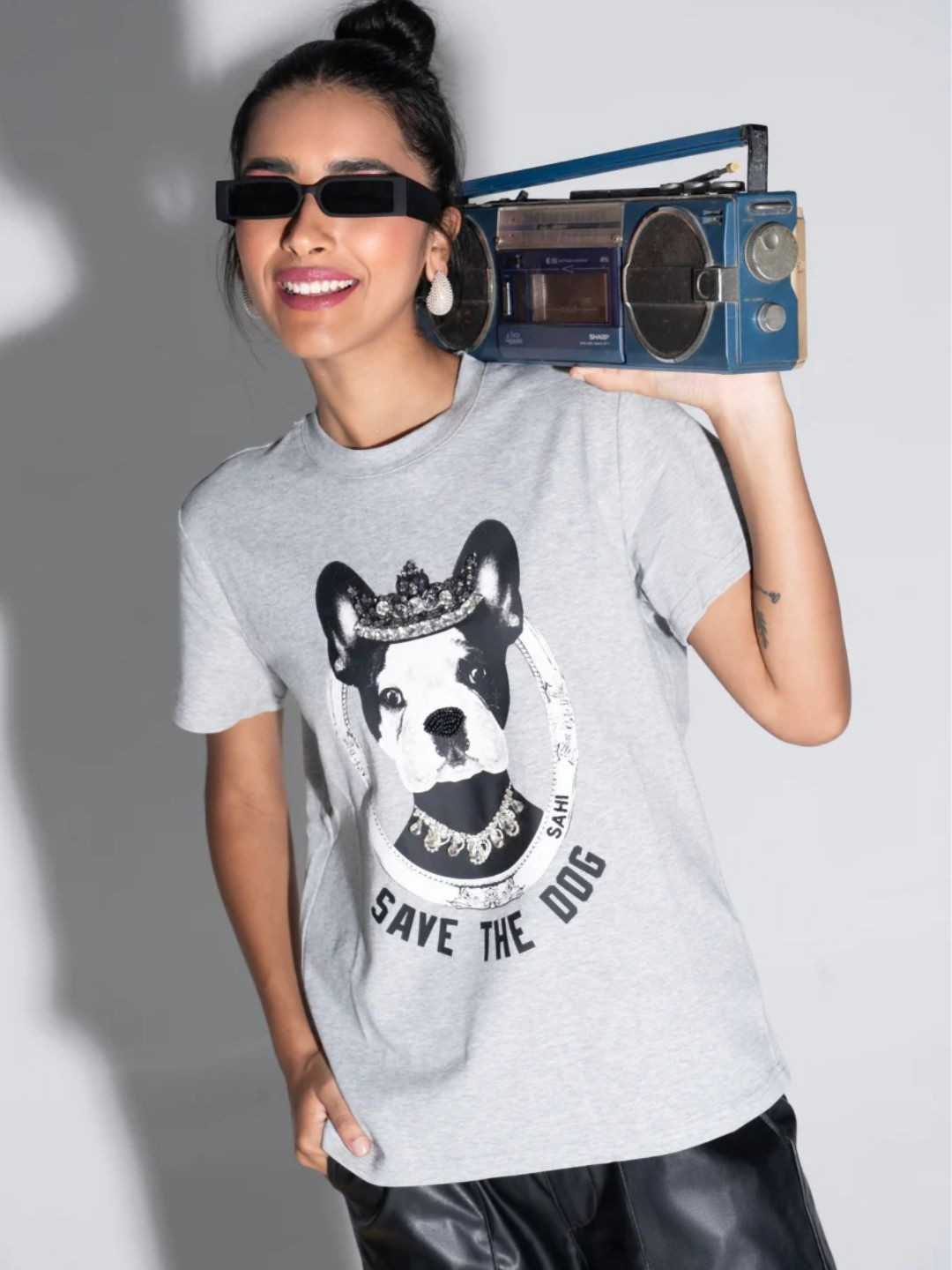 Sahi London Women Printed Extended Sleeves Applique T-shirt