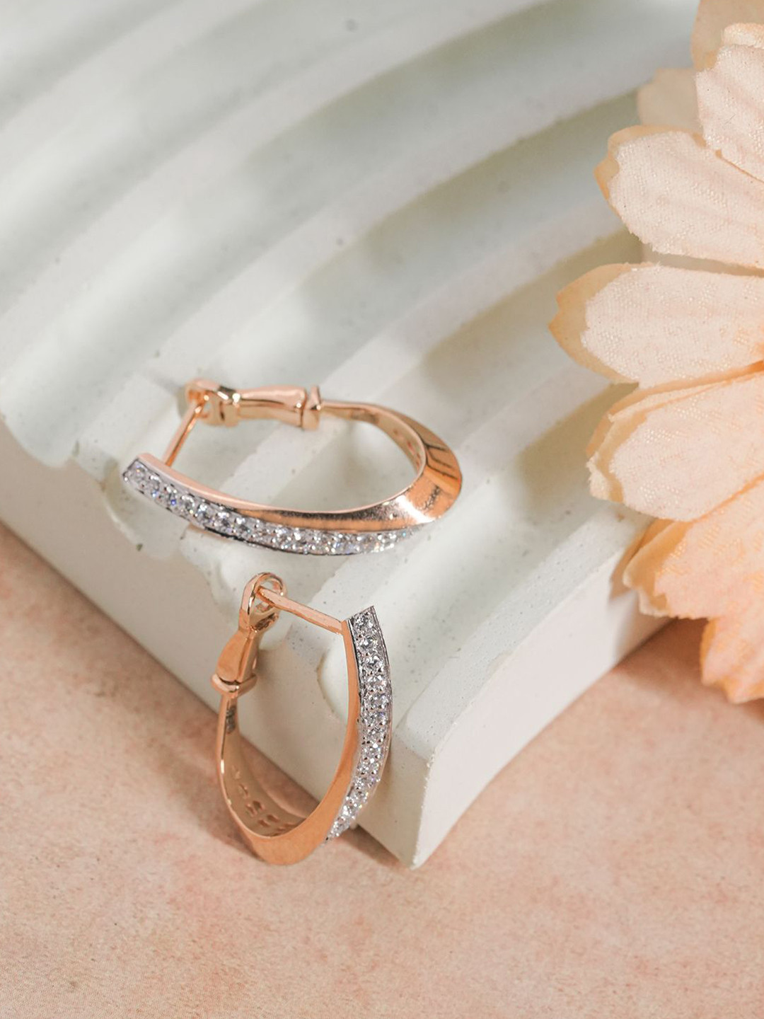 Ele Jewels Sterling Silver Gold-Plate Cubic Zirconia Studded Contemporary Hoop Earrings