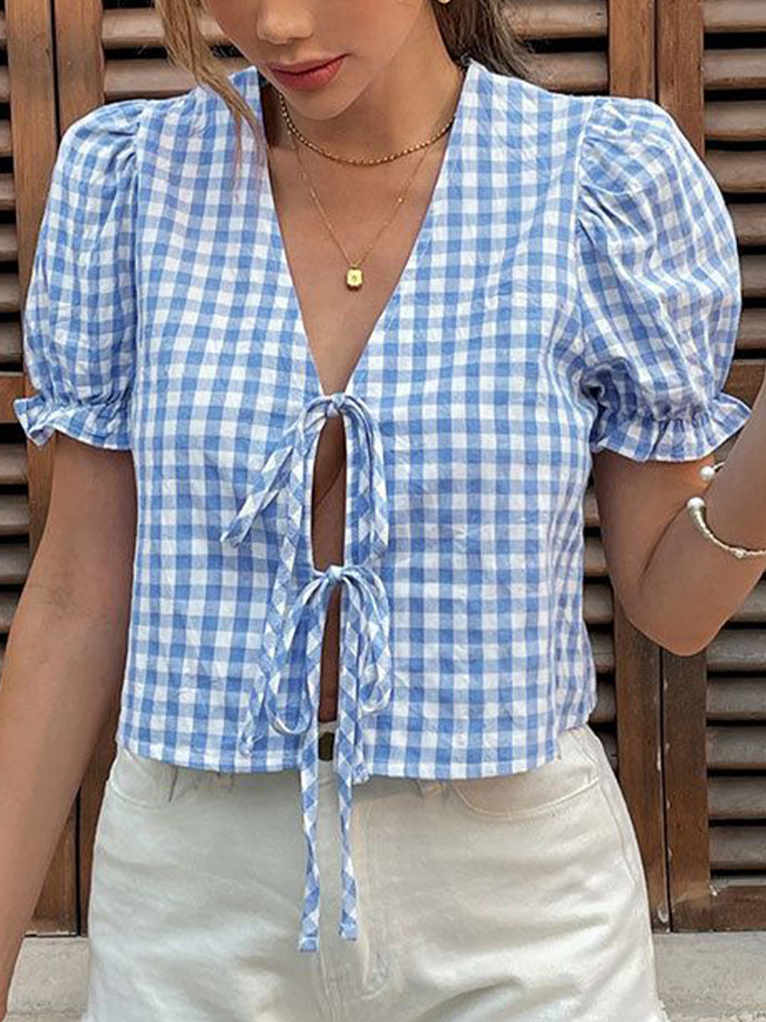 Outzidr Blue Checks Bow Tie Up Top