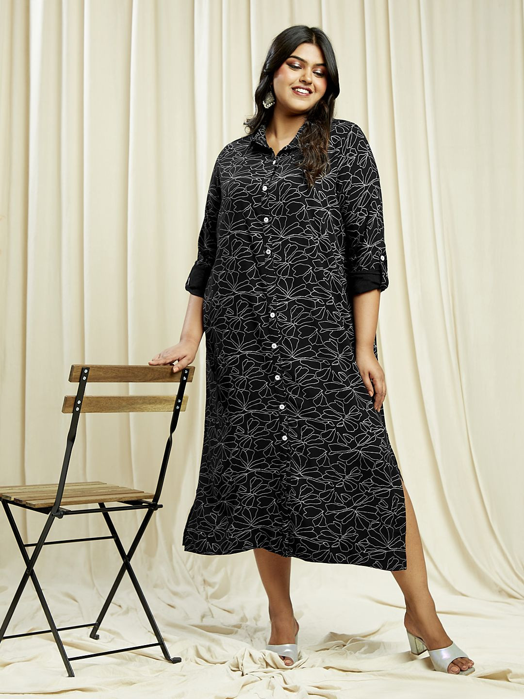 Globus Gloplus Collared Neck Roll-Up Sleeves Floral Print Plus Size Midi Shirt Dress