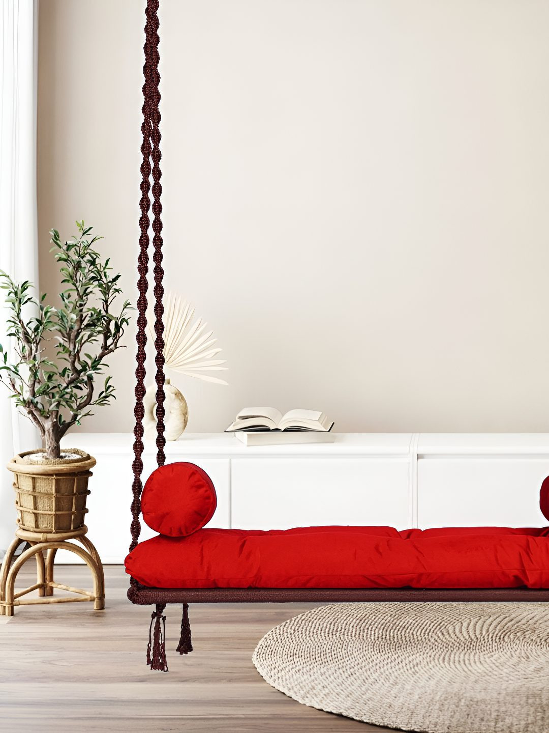 Patiofy Red & Brown Double Seater  Comfortable Slab Hammock Swing Chair With Cushion