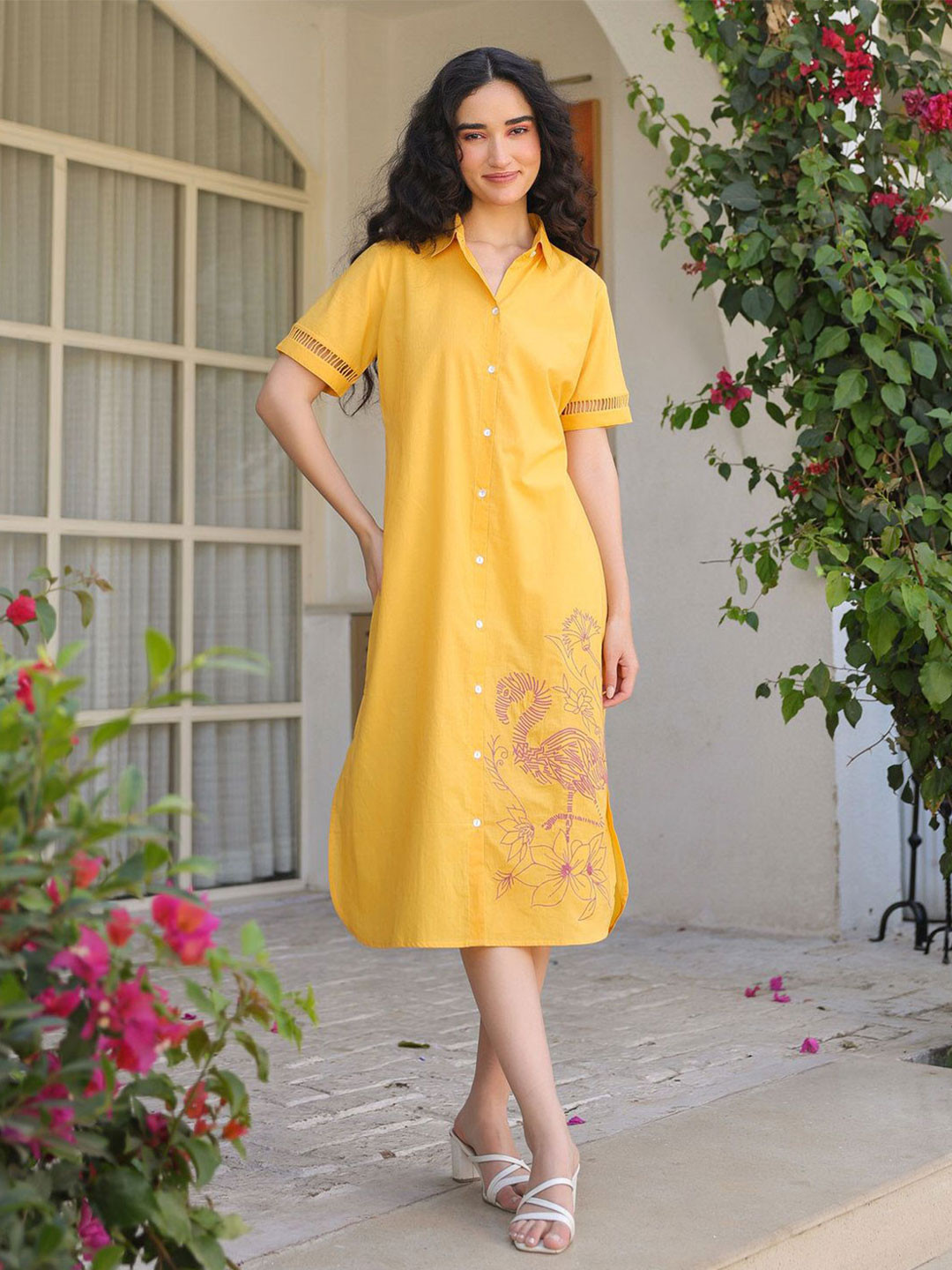 JISORA Women Yellow Embroidered Cotton Shirt Dress