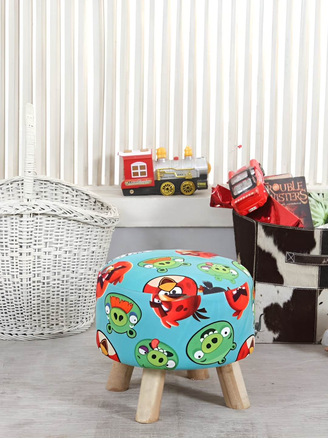 Shadowkart Blue And Green Wooden Mudda Pouffe Ottoman