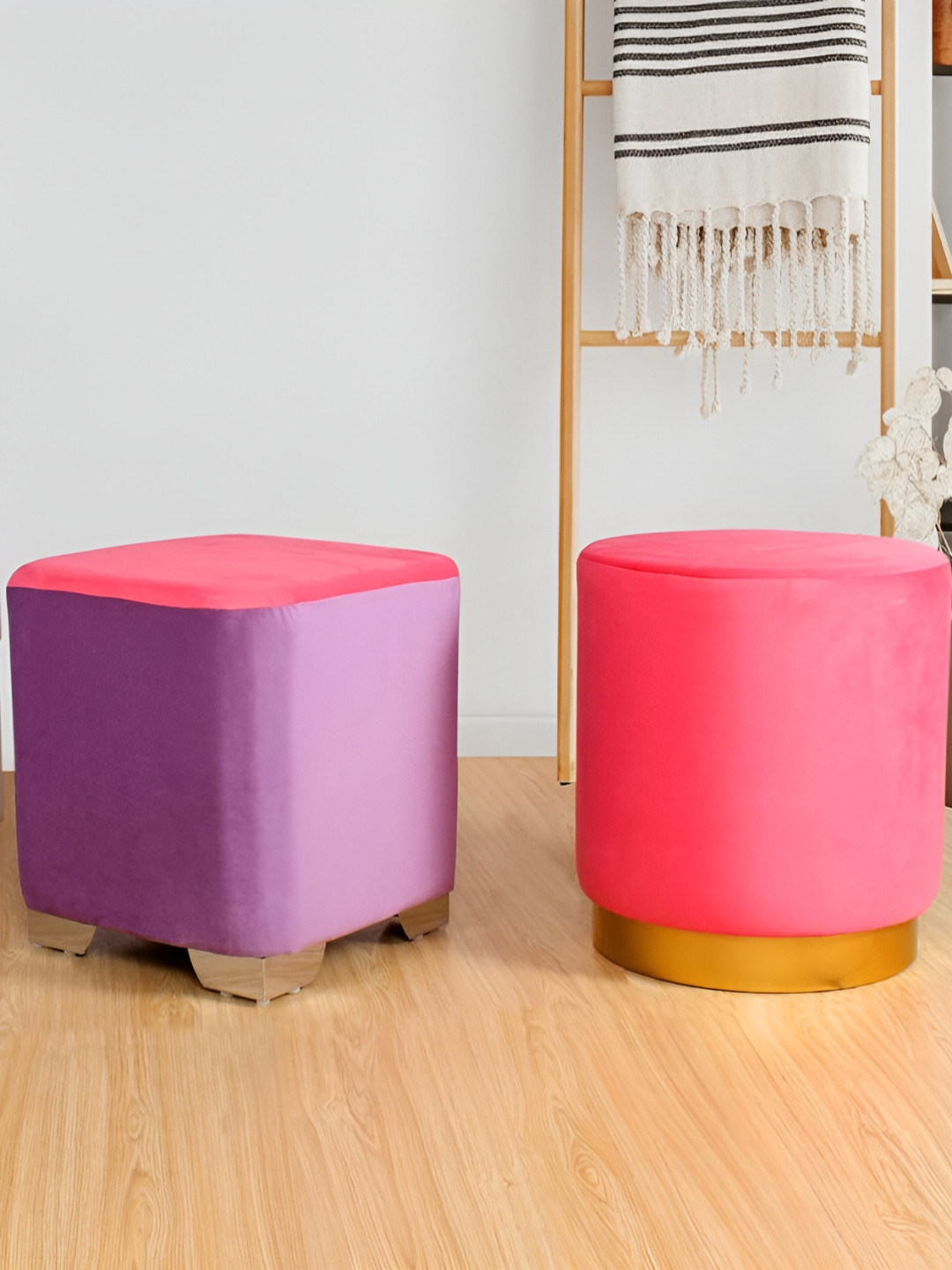 Shadowkart Set Of 2 Pink & Purple Wooden Footstools Pouffes Ottomans