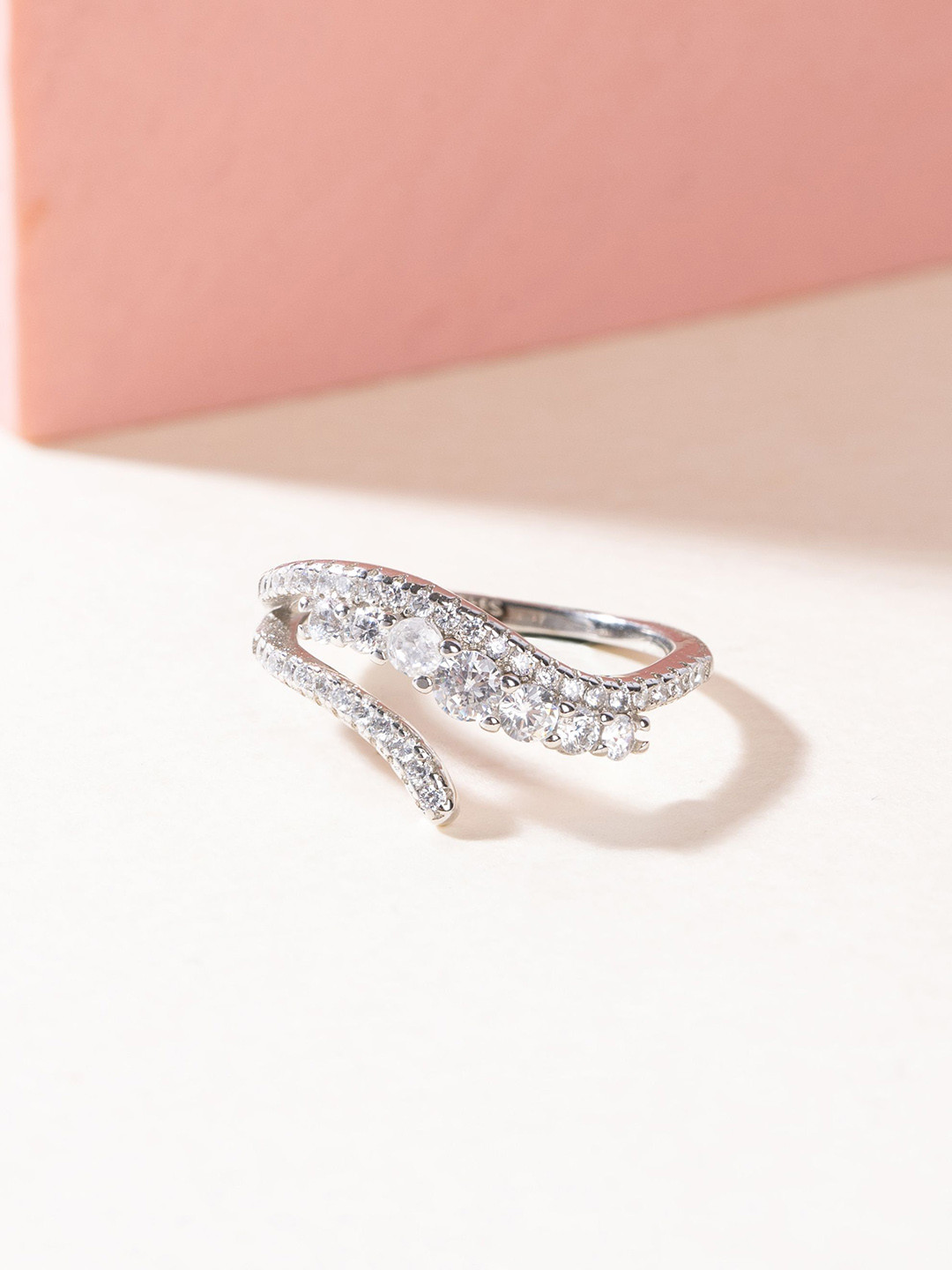 GLYTERS 925 Silver Rhodium Plated Stones Studded & Wing Detail Ring