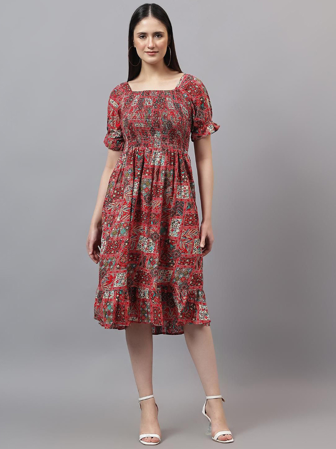 SAAKAA Girl's Tribal Printed Smoked Puff Sleeve Fit & Flare Midi Dress