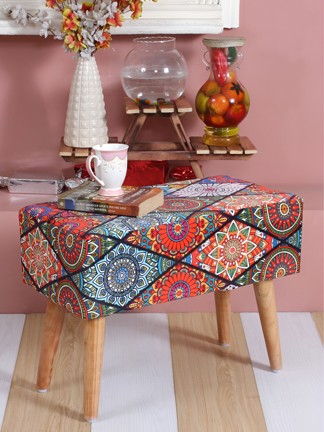 Shadowkart Blue & Red Printed Ottoman Pouffes Stool